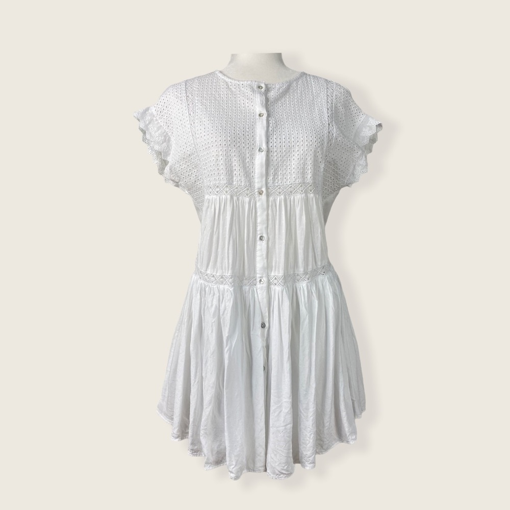 NWOT ZARA White Pleated Eyelet Button Down Dress S